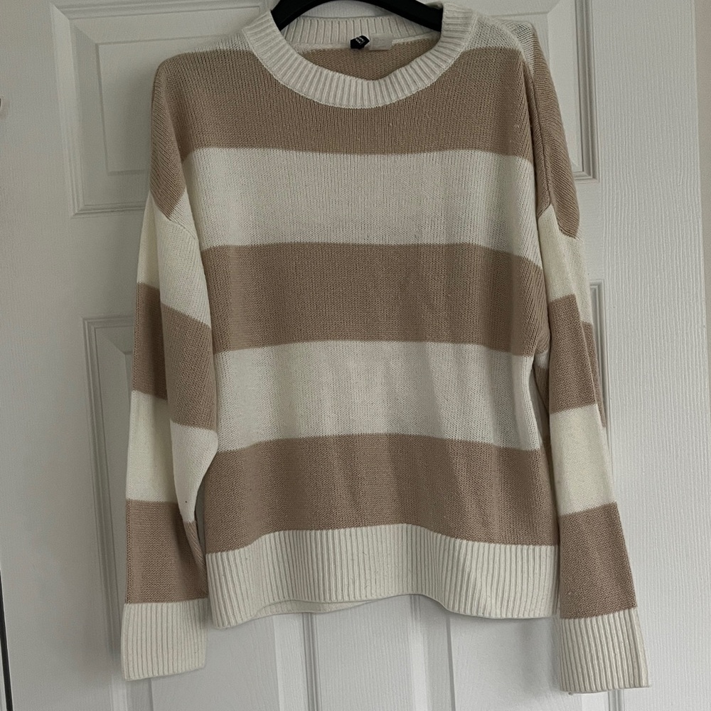 Divided Beige and White Striped Crew Neck Sweater